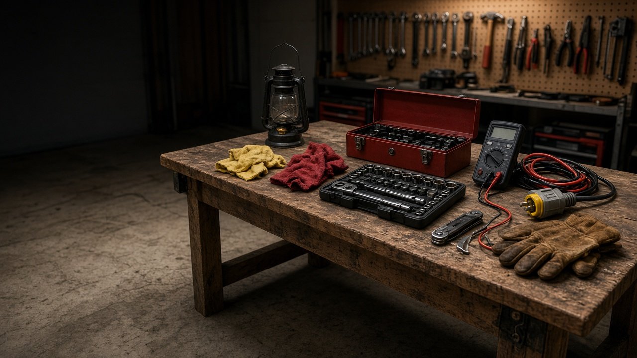 Dude RV workbench piled with tools, lanterns, cables, and gear ready to show