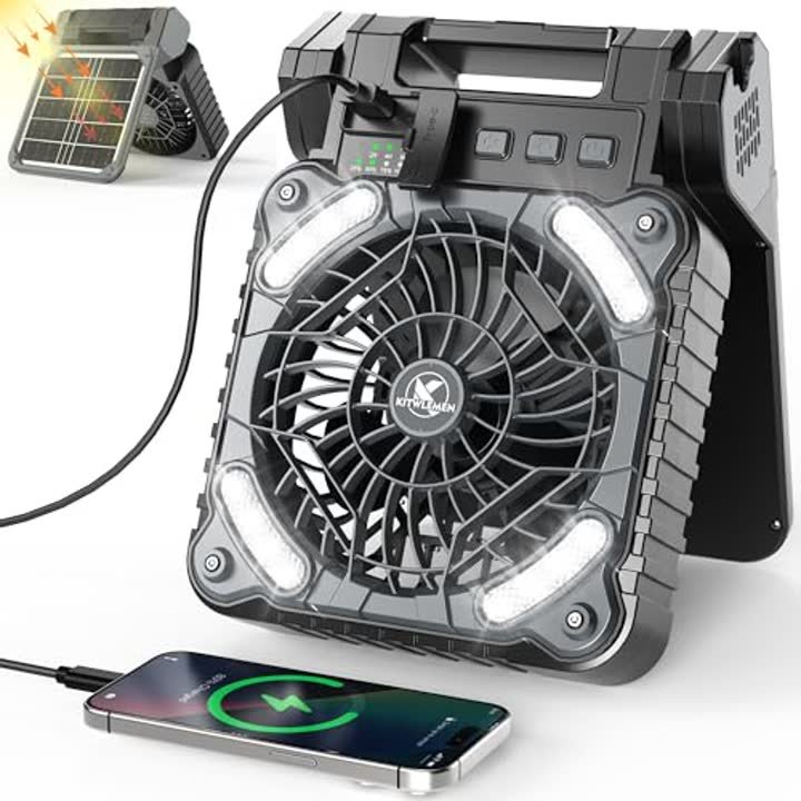 KITWLEMEN Solar Camping Fan with Lantern - Rechargeable Battery Operated Fan